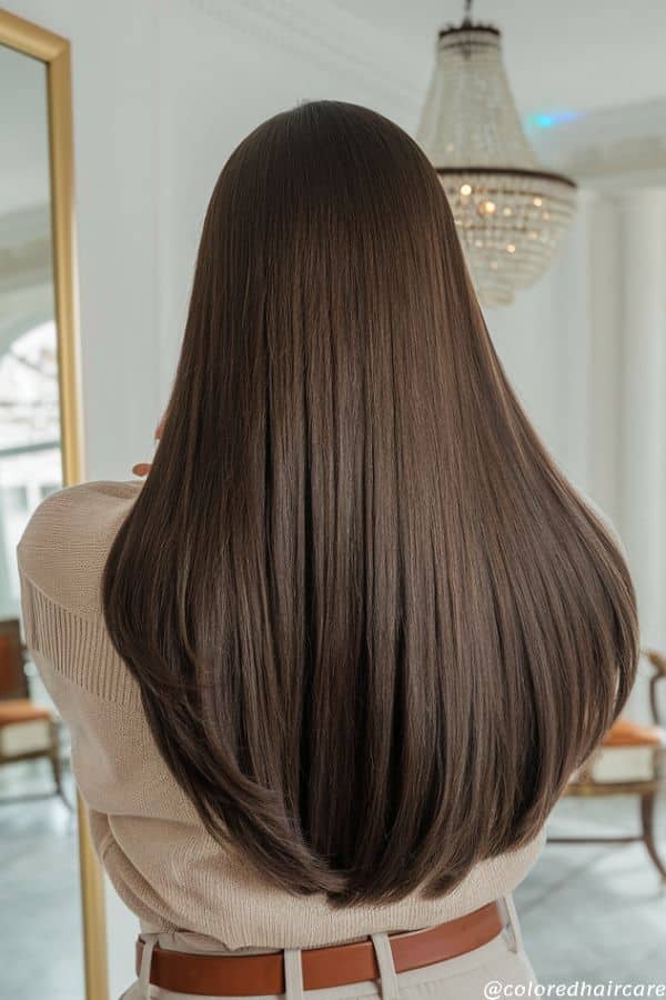 dark brown hair toned with purple shampoo.