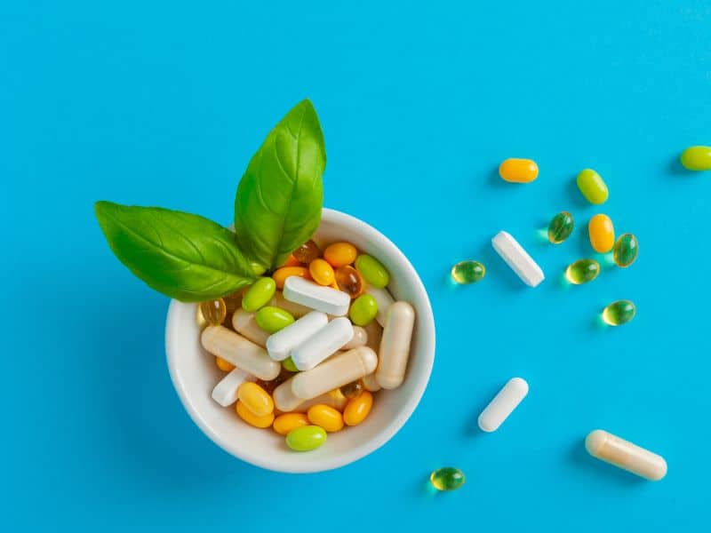 An image of supplements or a balanced meal rich in vitamins and minerals, showcasing how diet can support hair health during hormonal changes.