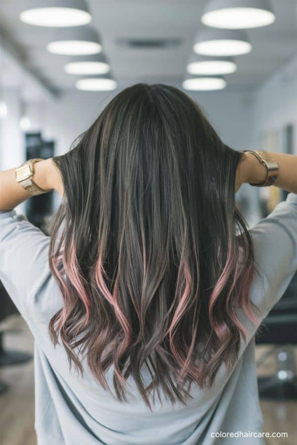 dark ash brown hair with peekaboo pink highlights