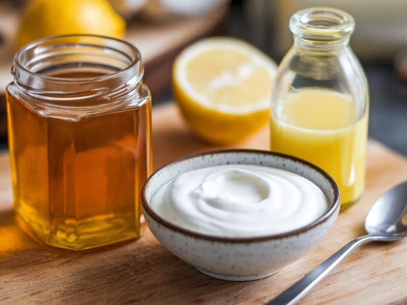 DIY hair mashk honey yoghurt and lemon juice for shine and softness