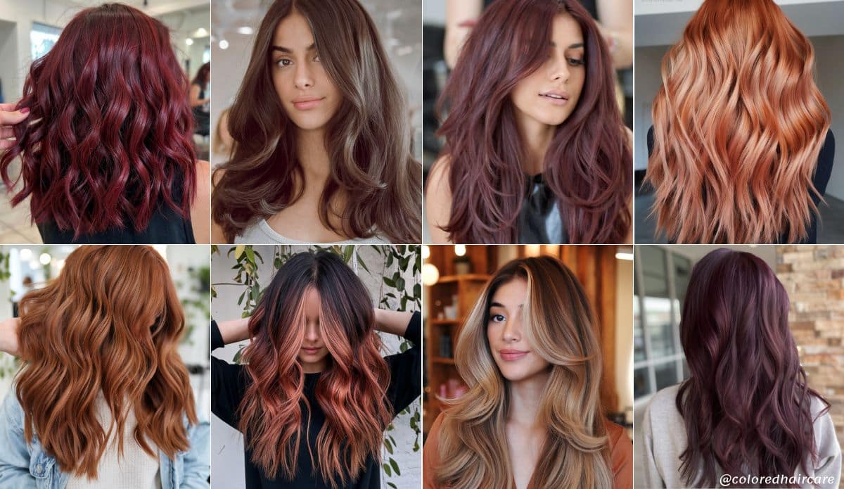 Hair Color Quiz: What Hair Color Suits Me? + Expert Guide 4 Fall hair color ideas including copper, auburn, cinnamon, burgundy, and golden caramel shades — ideal for warm skin tones and autumn seasonal color palettes.