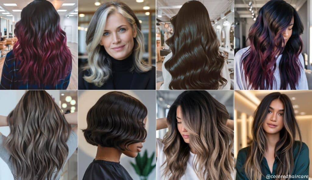 Hair Color Quiz: What Hair Color Suits Me? + Expert Guide 5 Winter hair color ideas featuring deep brunette, jet black, icy blonde, silver highlights, and cool-toned plum — perfect for high contrast looks and cool undertones