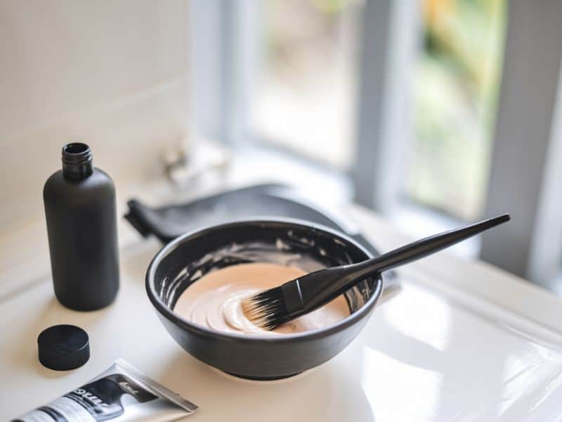 hair dye in a mixing bowl in a bathroom