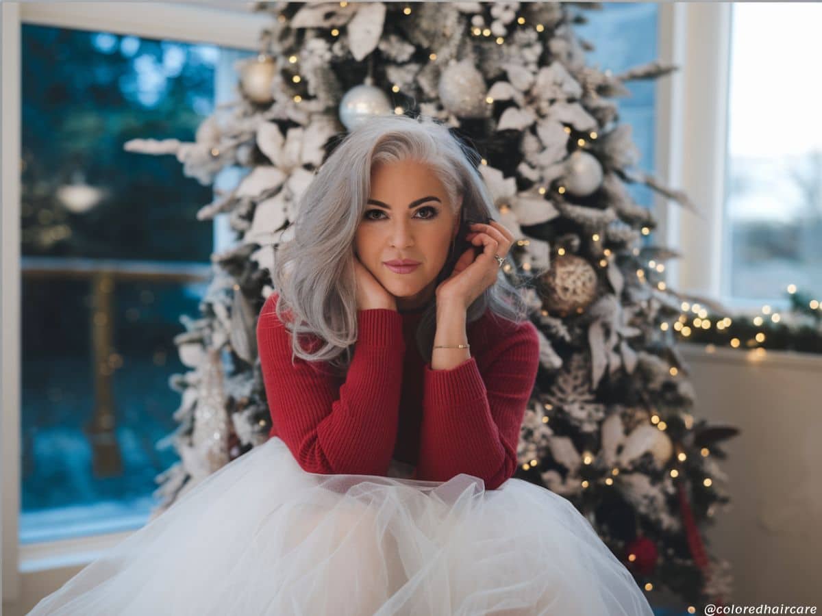 woman with gray hair at christmas