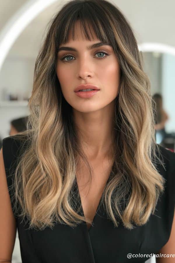 ash blonde ombre with blunt bangs