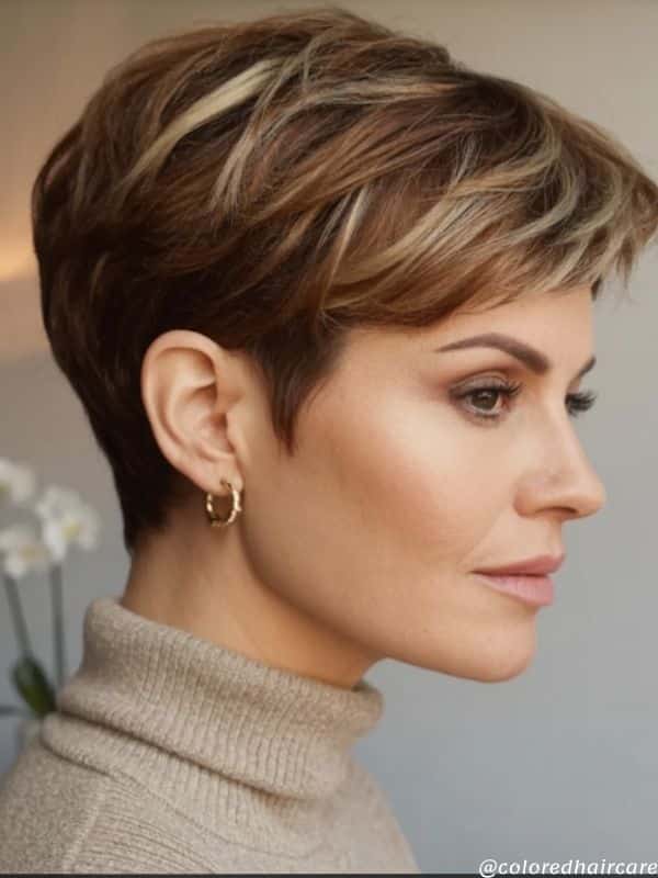 brunette and caramel highlights pixie cut