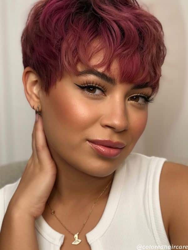 burgundy hair pixie cut.