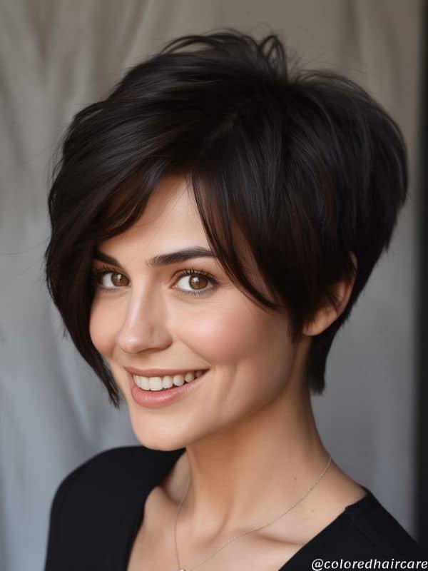 glossy jet black pixie cut