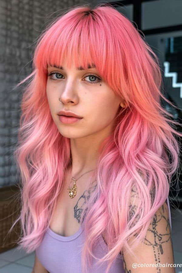pastel pink with textured bangs