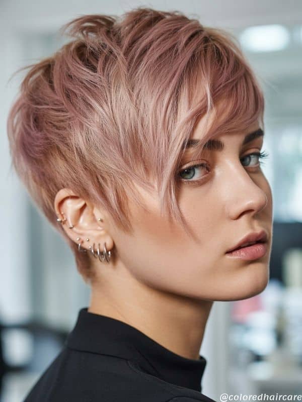 rose pink pixie hair cut.