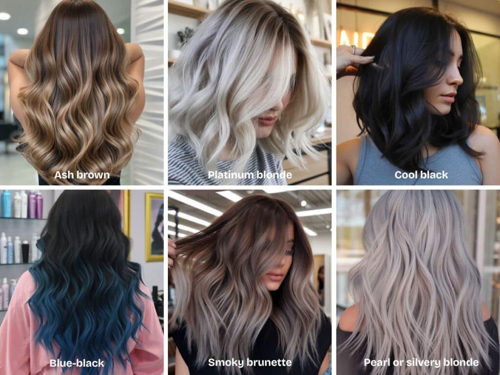 Best Hair Colors for Every Skin Undertone (Even If Your Hair’s Already Colored) 3 best hair colors for cool undertonesAsh brown
Platinum blonde
Cool black
Blue-black
Smoky brunette
Pearl or silvery blonde