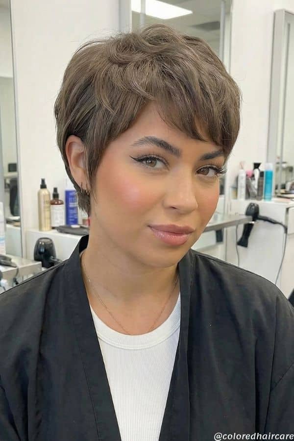 mushroom brown bixie cut
