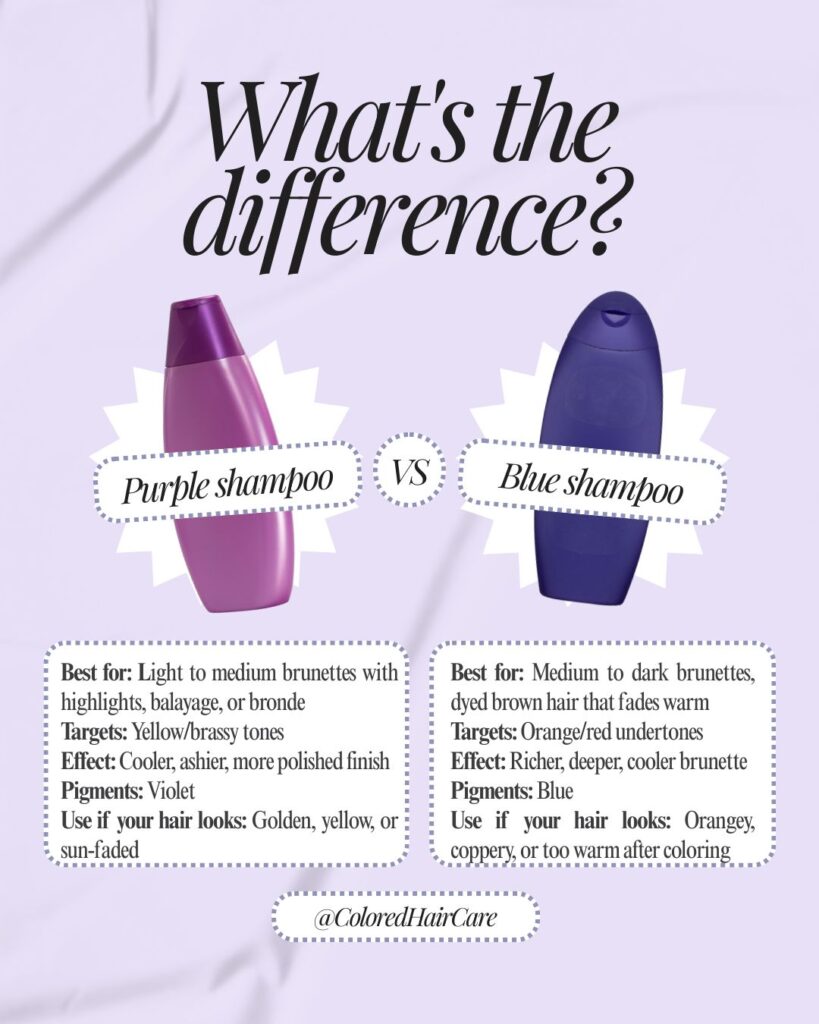 purple vs blue shampoo infographic showing the differences between blue shampoo for brunettes and purple shampoo for blondes