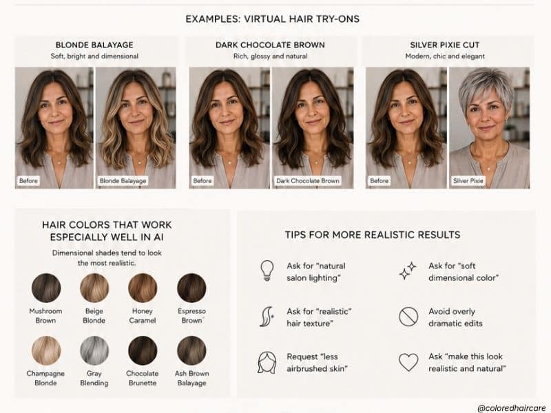 Examples of AI virtual hair color try-ons showing blonde balayage, dark chocolate brown, and silver pixie hairstyles, plus tips for creating more realistic ChatGPT hair color results.